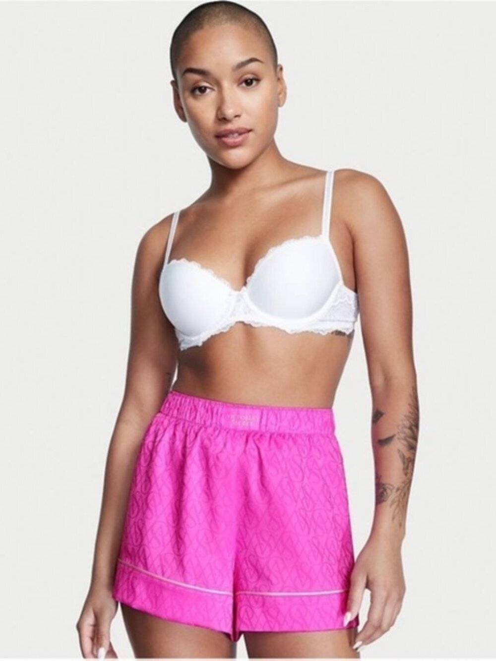 NWT$35 Victorias Secret Hot Pink Satin 3" VS Logo Sleep Shorts Luxe Lounge LARGE